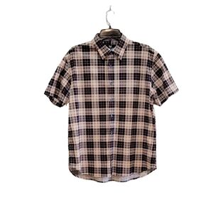 Buttercloth Navy Gold Plaid Short Sleeve Button‎ Up Shirt Men's Large